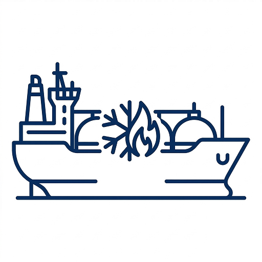 船隻輪廓展示雪花與火焰圖示，象徵加拿大卑詩省的液化天然氣出口基礎設施與自然資源能力。