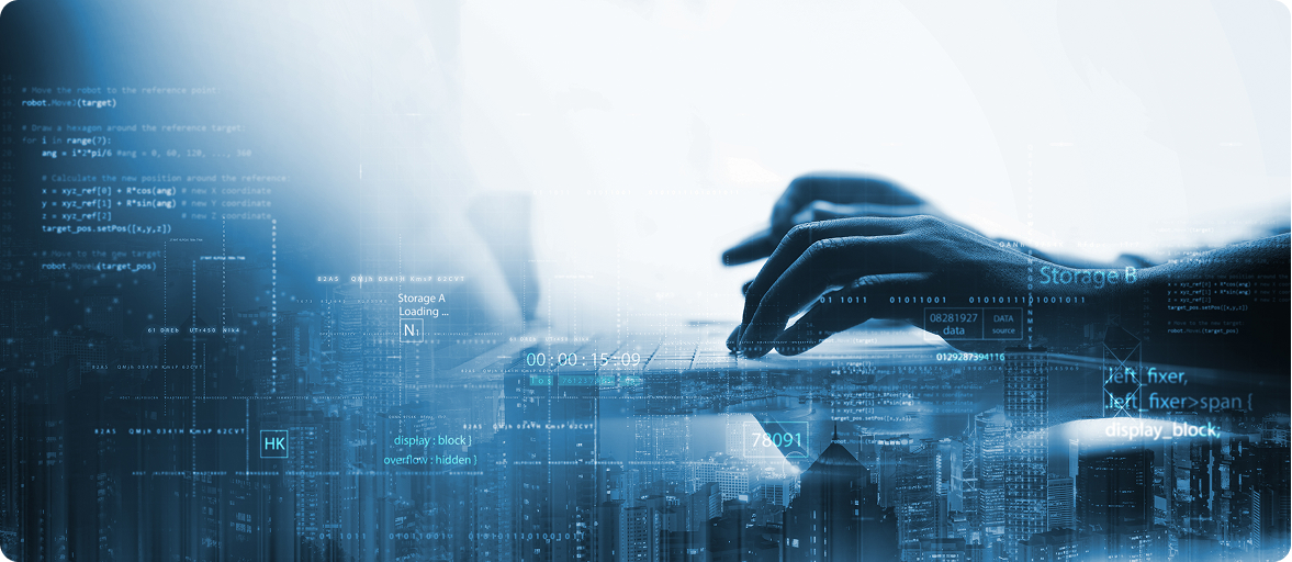 畫面特寫雙手在筆電鍵盤上打字，背景是數位元素與城市景觀。